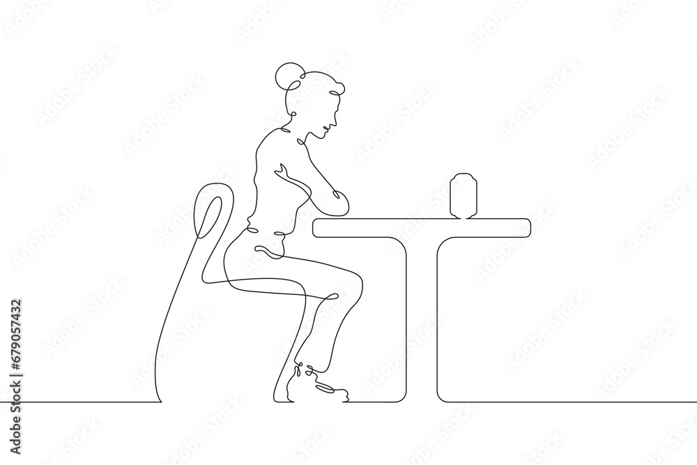 Woman is sitting at a table. Girl talks to a smart speaker. Home automation. The user listens to a smart speaker. One continuous line drawing. Linear. Hand drawn, white background. One line.