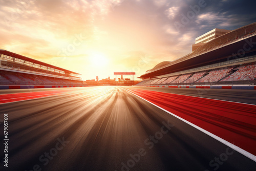 An F1 race track circuit road, depicted with motion blur, features a grandstand stadium, setting the stage for exhilarating Formula One racing events