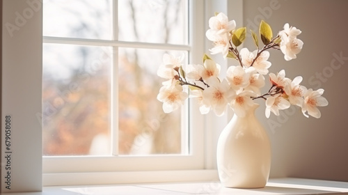 Cherry blossoms in vase on sunny windowsill