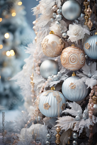 Christmas beautiful balls on a Christmas tree against a beautiful bokeh background. Christmas card.