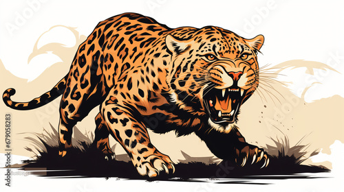 Vector sketch of an attacking spotted leopard