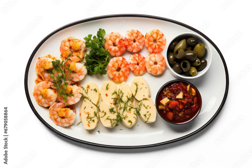 Assorted seafood appetizer, snack and cheese on a plate for buffet party. Isolated on transparent background, top view. Assorted seafood appetizer, snack and cheese on a plate for buffet party. Isolated on transparent background, top view.
