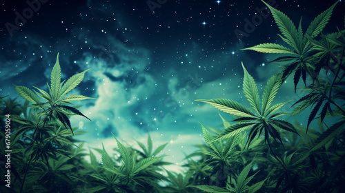 Green cannabis plants on starry sky background