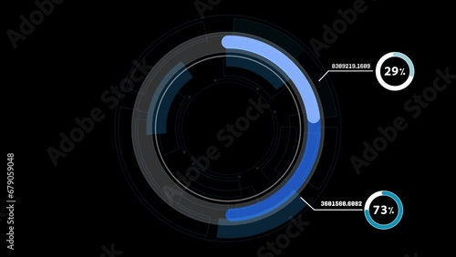 HUD hologram display screen shows data in circle and percentage format. Video graphics suitable for industrial design and technology businesses. photo