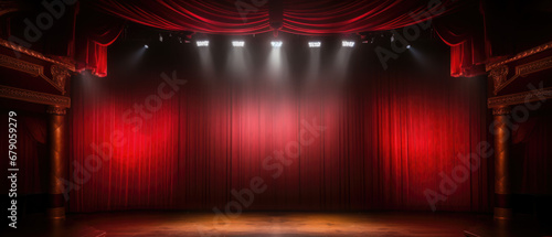 The red curtains of the stage are opening for the theater show photo