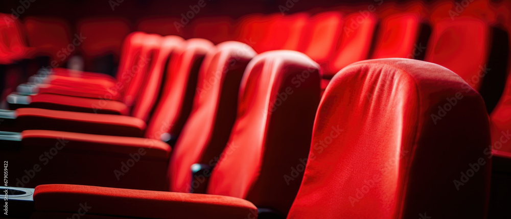 Fototapeta premium Empty cinema hall with red seats. Movie theatre