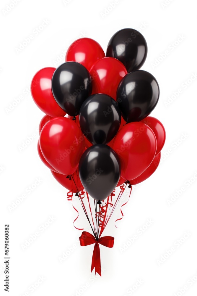A bunch of red and black balloons