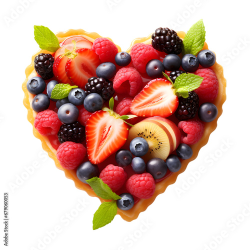 Heart Shaped Fruit Tart  A tart featuring an arrangement of heart-shaped fruits isolated on transparent background