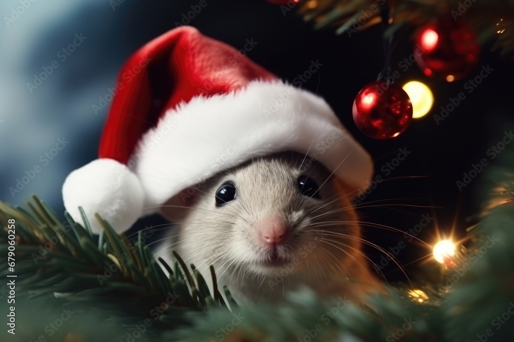 A mouse in a Santa Claus hat is sitting in the snow A mouse in a Santa Claus hat is sitting in the snow