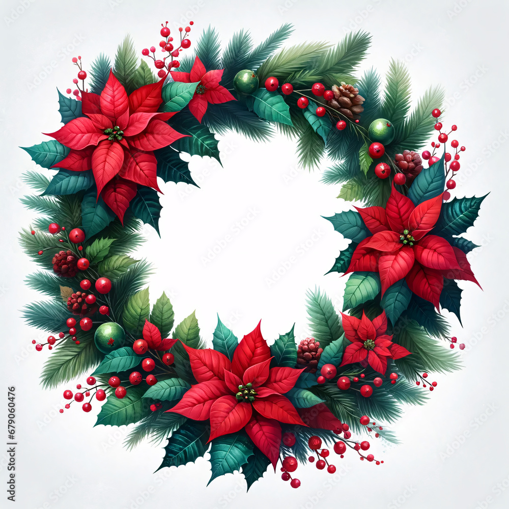 Christmas floral wreath with a winter round border isolated on white. Holiday greeting card. Hand painted watercolor of poinsettia flower and pine branches Christmas floral wreath with a winter round border isolated on white. Holiday greeting card. Hand painted watercolor of poinsettia flower and pine branches