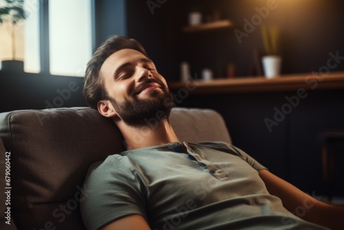 A handsome young man relaxes on the sofa at home in the living room, resting after a hard day's work