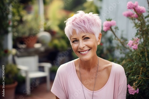 Portrait of a happy old woman with short gray hair in a garden with flowers