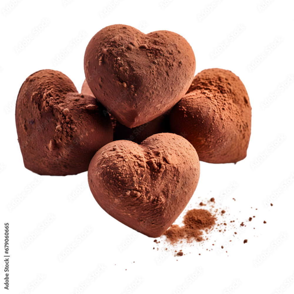 Heart-Shaped Chocolate Truffles, truffles shaped like hearts, dusted with cocoa isolated on transparent background Heart-Shaped Chocolate Truffles, truffles shaped like hearts, dusted with cocoa isolated on transparent background