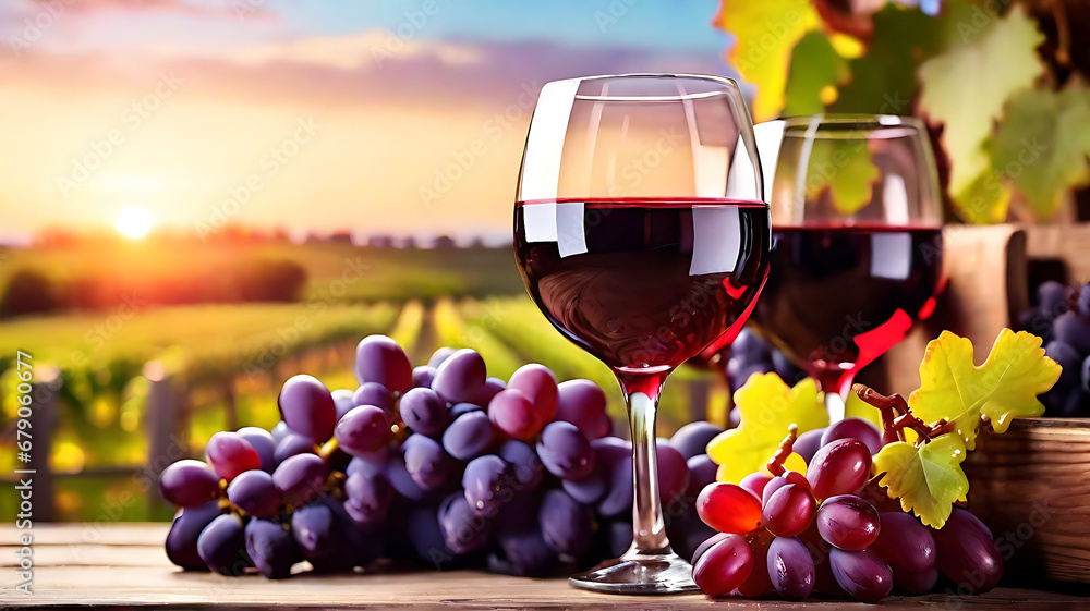 Banner glasses of red wine with grape on wooden table background sunset vineyard farm