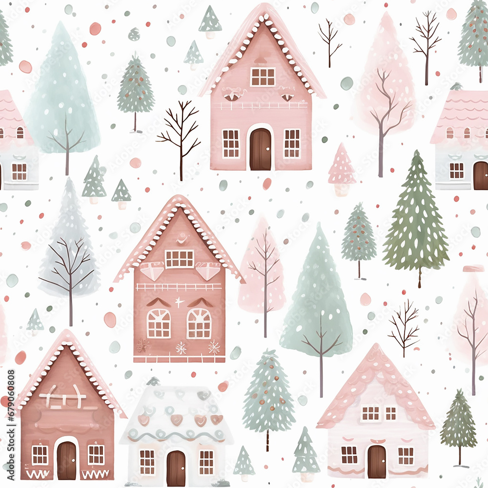 seamless Christmas pattern in pastel colors. cute Christmas village with fir trees and houses.