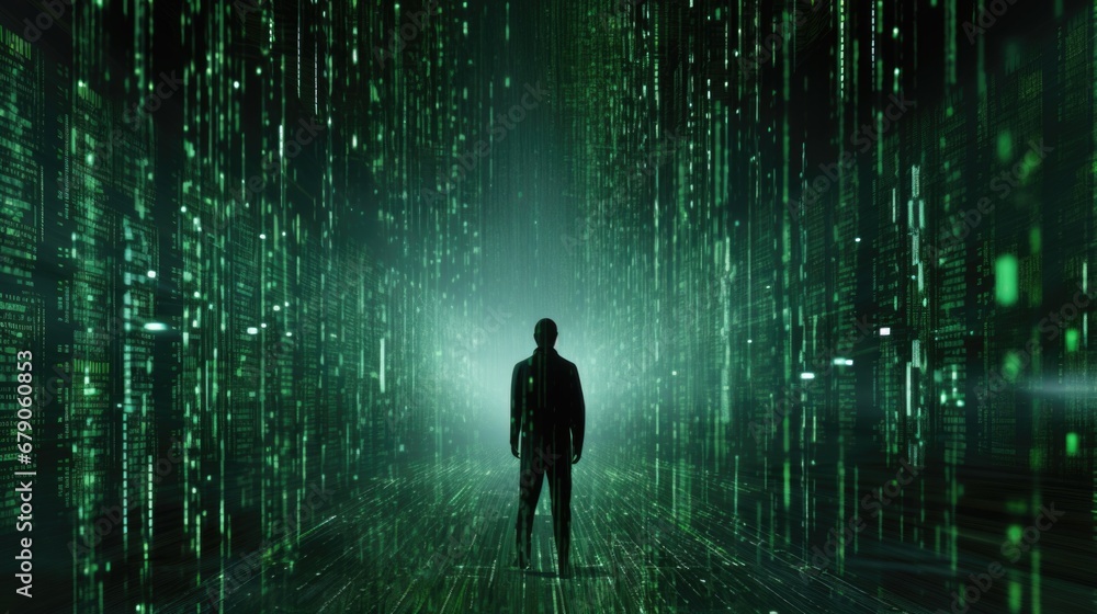Computer Code Humans Man lost in computer code. Human against artificial intelligence ...
