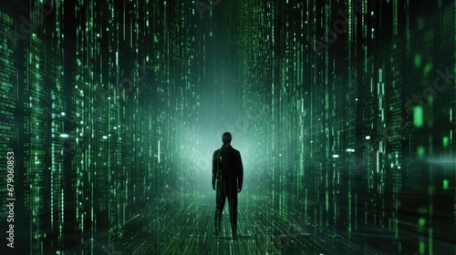 Man lost in computer code. Human against artificial intelligence. Personal data concept photo