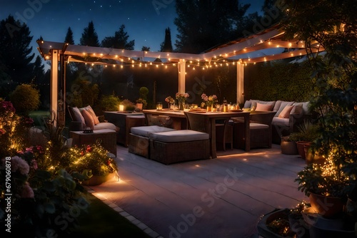 Summer evening on the patio of beautiful suburban house with lights in the garden garden, digital ai 