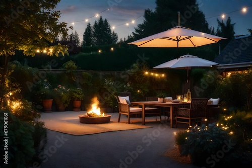 Summer evening on the patio of beautiful suburban house with lights in the garden garden  digital ai 