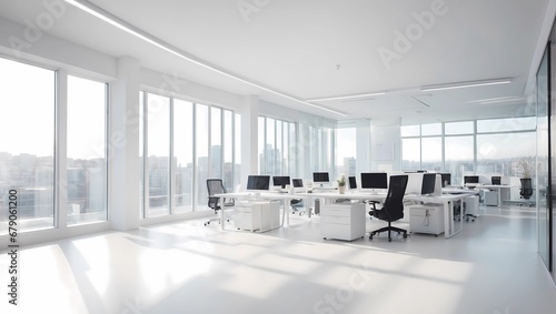 Beautiful blurred background of a light modern office interior with panoramic windows and beautiful lighting. Red and white Soft light. Generative AI