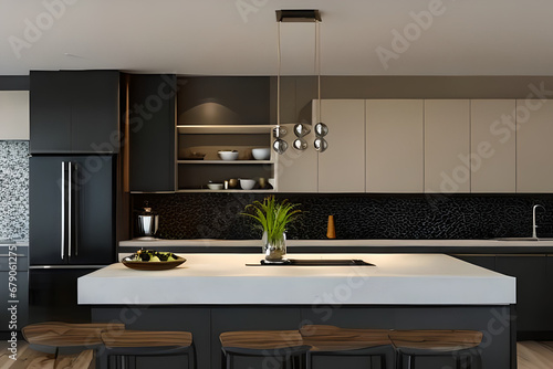 Interior of modern kitchen, comfortable lifestyle, 3d Render illustration photo