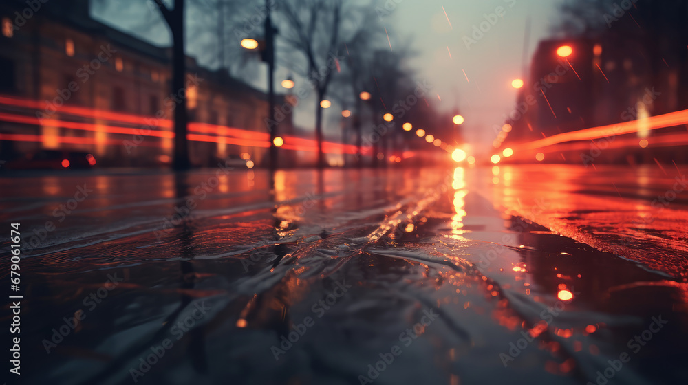 Cold rainy fall evening landscape. Lights of street lamps against the background of a blurred empty street. Street lighting. 