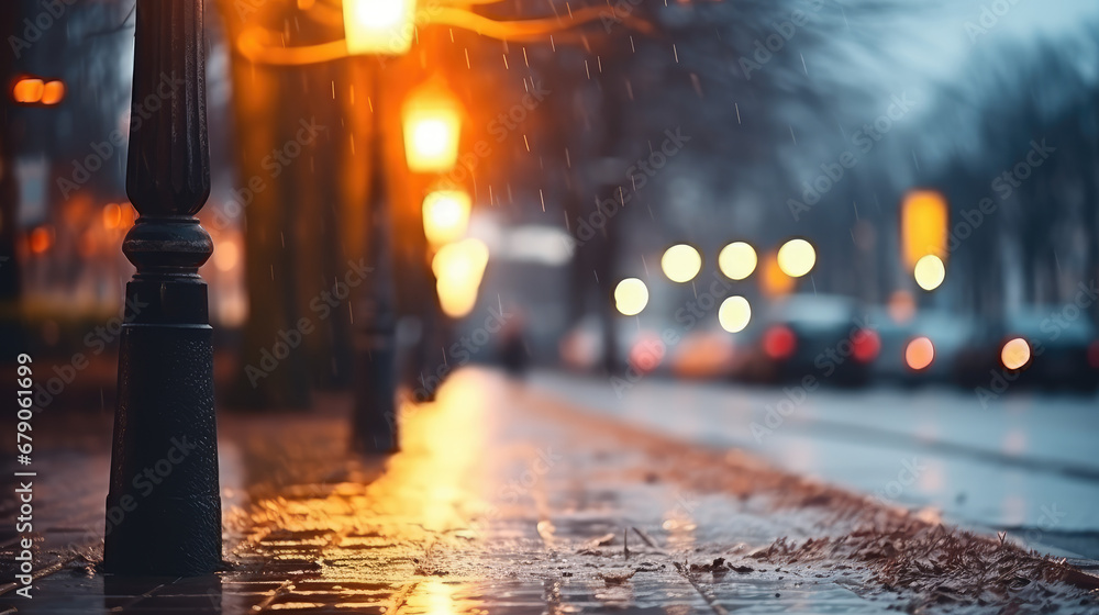 Cold rainy fall evening landscape. Lights of street lamps against the background of a blurred empty street. Street lighting. 