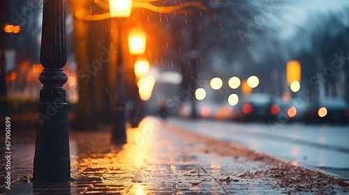 Cold rainy fall evening landscape. Lights of street lamps against the background of a blurred empty street. Street lighting.  photo