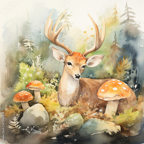 Watercolor of reindeer laying down with mushroom