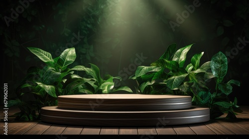 Concrete podium in tropical forest for product presentation and green wall.3d rendering