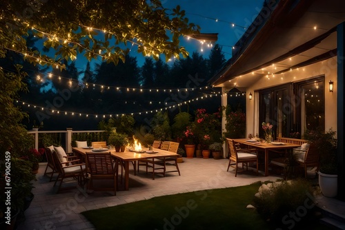 Summer evening on the patio of beautiful suburban house with lights in the garden garden, digital ai  © Creative