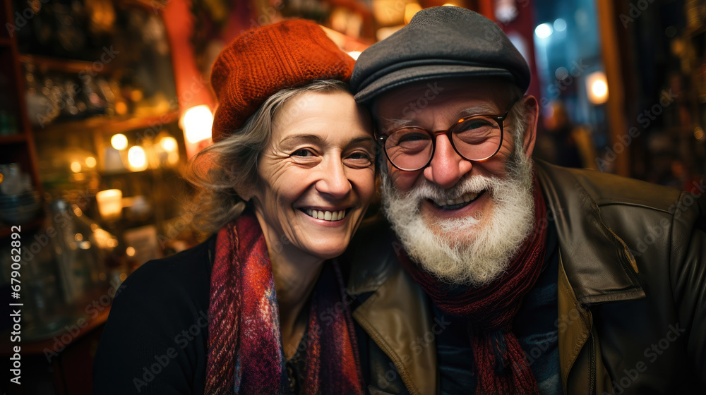 An elderly couple in a cafe.