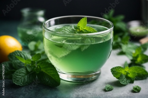 Mint tea with lemon and mint in a glass bowl on a table