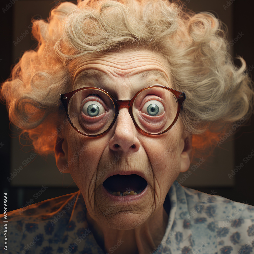 Scared and shocked grandmother gasping and staring frustrated at camera Scared and shocked grandmother gasping and staring frustrated at camera
