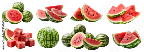 Watermelon watermelons, many angles and view side top front sliced halved bunch cut isolated on transparent background cutout, PNG file. Mockup template for artwork graphic design photo