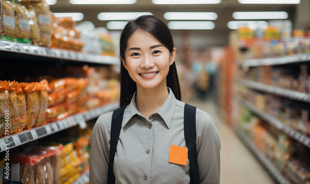 A candid portrait of a confident female manager. Intend to work in a supermarket The background is a supermarket atmosphere, Generative AI