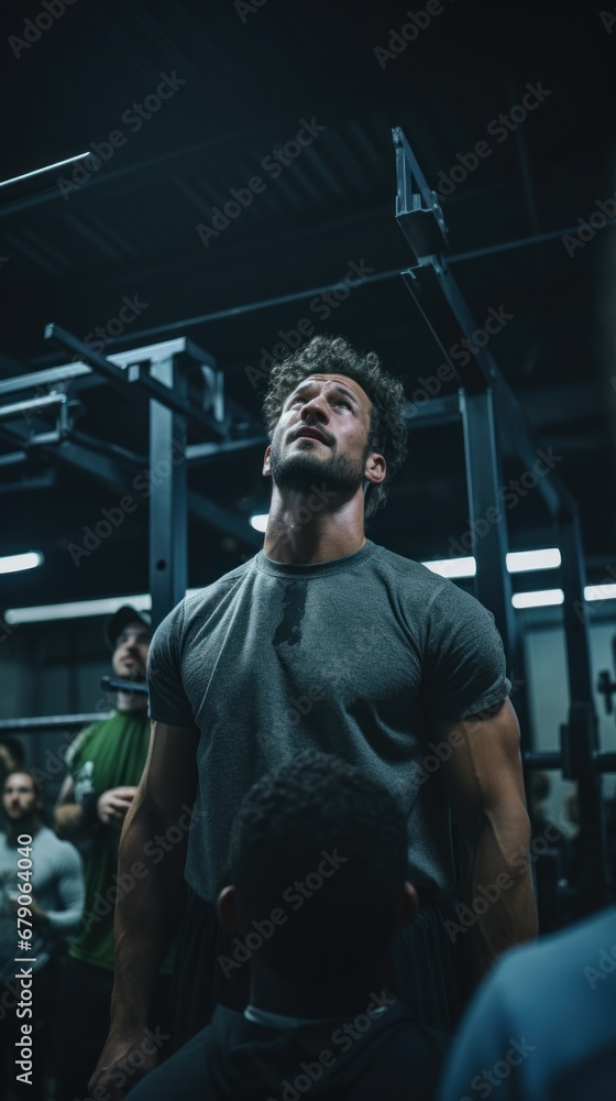 A man standing in a gym holding a barbell