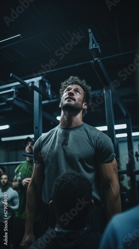 A man standing in a gym holding a barbell