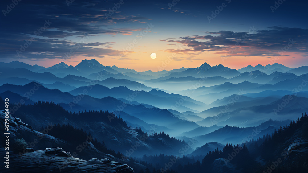 Mountain landscape at sunset. Panoramic view of the valley