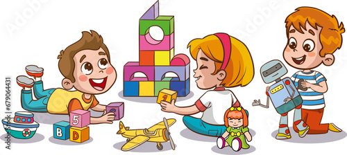 vector illustration of cute children in the kindergarten playing with toys
