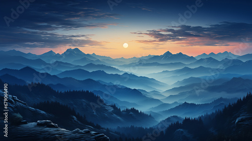 Mountain landscape at sunset. Panoramic view of the valley
