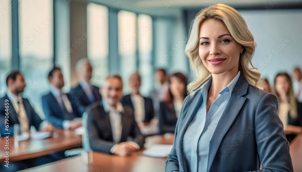 Caucasian beautiful blonde female business leader gives a presentation in a conference room.