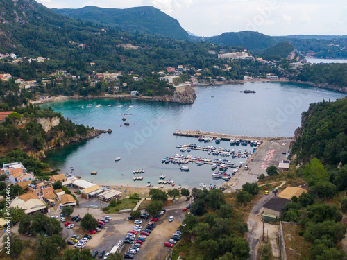Drone view of Palaiokastritsa port in Corfu, aerial.