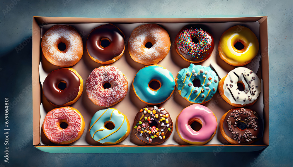 Fototapeta premium Fresh colorful assorted glazed donuts in a box.