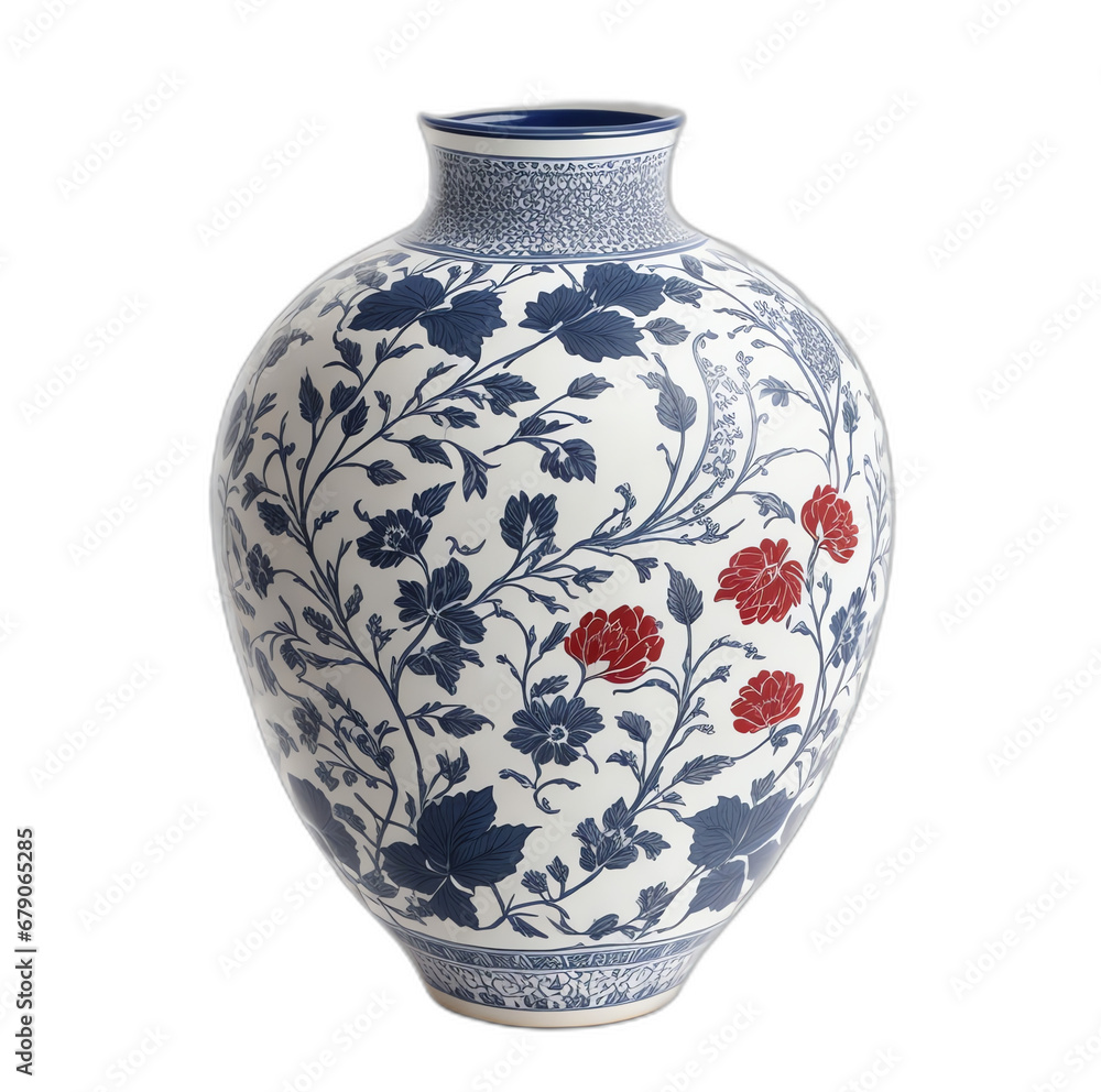 A vase with traditional print design on plain white background from Generative AI