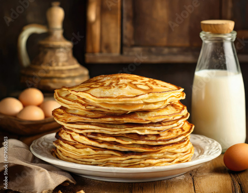 Pile of big pancakes on a white plate over wooden kitchen counter with bottle of milk and eggs.