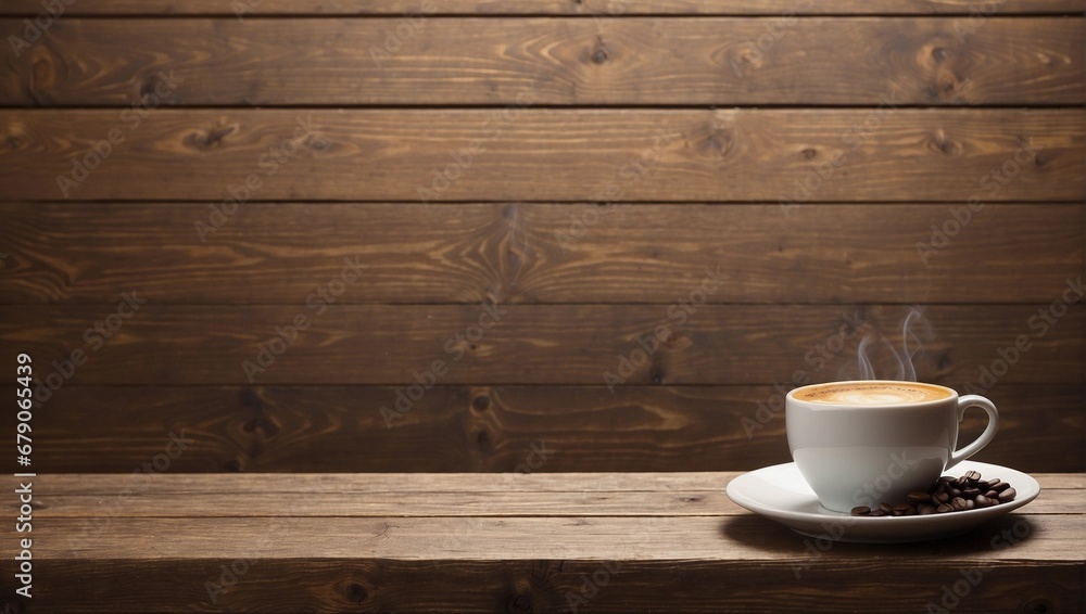 Coffee cup on wooden table with coffee beans on wooden background Coffee cup on wooden table with coffee beans on wooden background