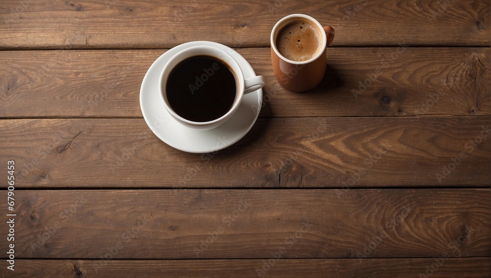 Coffee cup on wooden table. Top view with copy space Coffee cup on wooden table. Top view with copy space