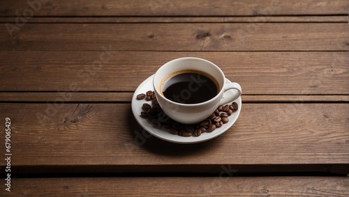 Coffee cup and coffee beans on a wooden table background.