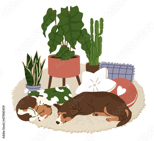 Two dogs sleeps on a soft light carpet, surrounded by pillows of various shapes and potted indoor plants. The concept of a cozy home with pets. Vector illustration.